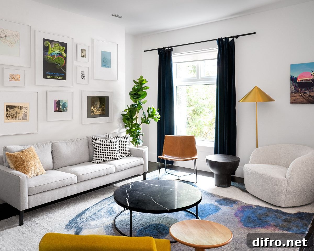 White living room with pops of yellow and dark blue