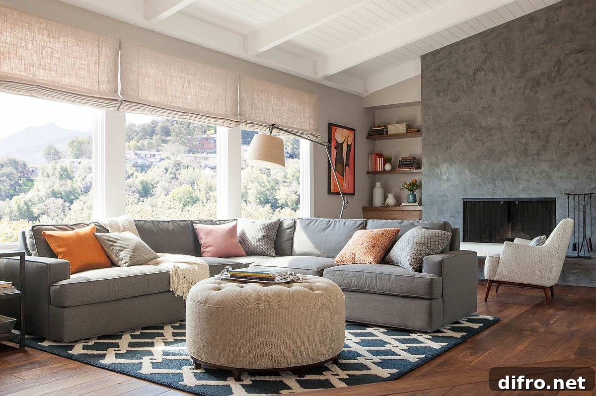 Dark patterned rug in a modern neutral living room