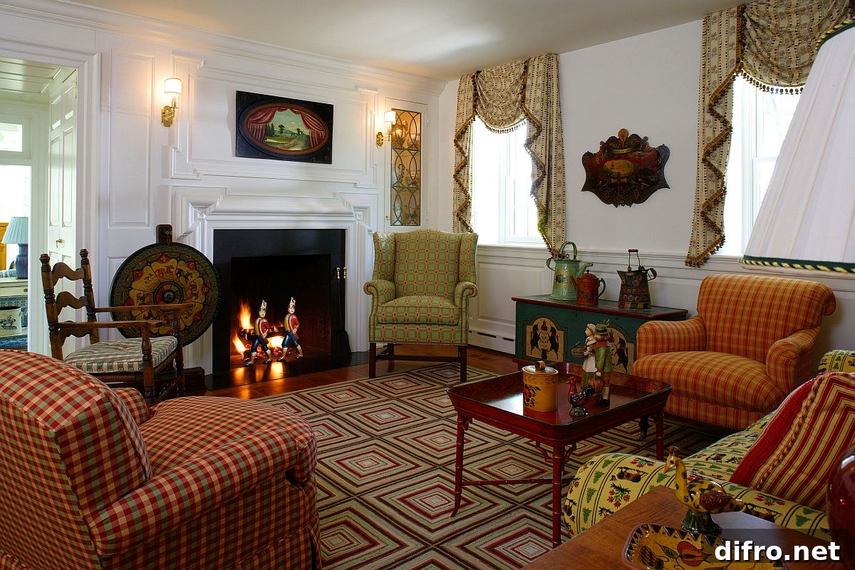Geometric pattern rug in a farmhouse-style living room
