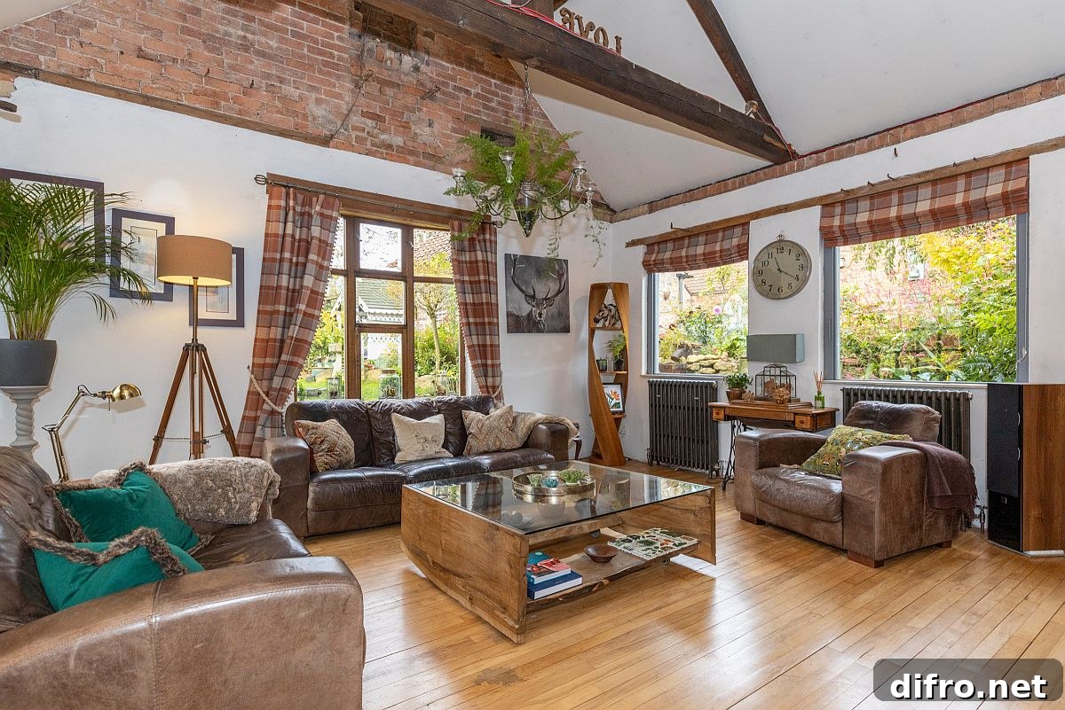 Exposed brick wall adds texture to a wood and white living room