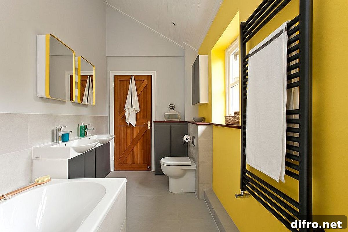Yellow accent wall in contemporary bathroom