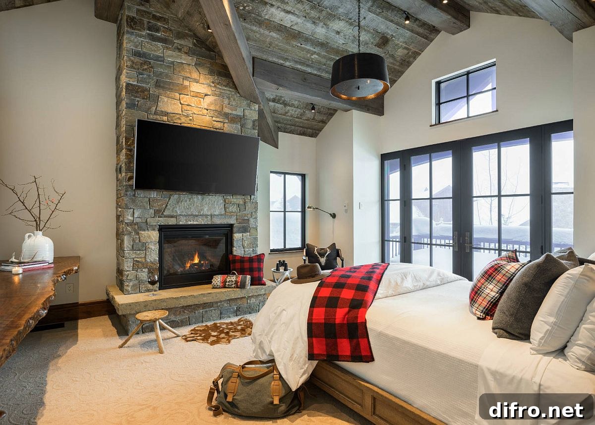 TV above the fireplace in a bedroom