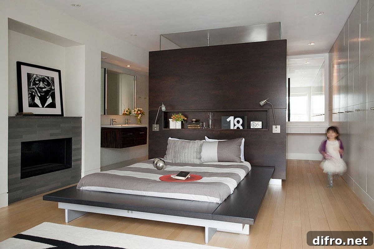 Understated platform bed frame allowing room additions to shine