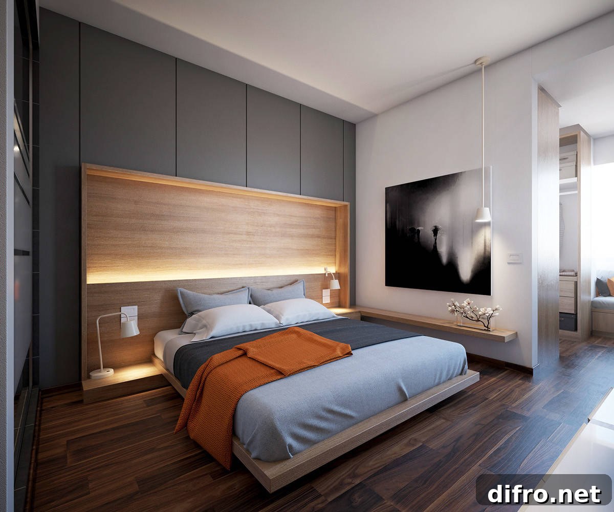Minimal bedroom with dramatic backdrop lighting