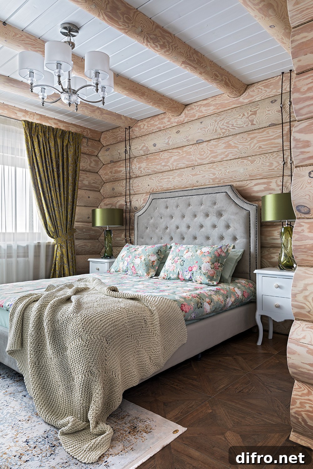Modern rustic bedroom in wood and white with a hint of green