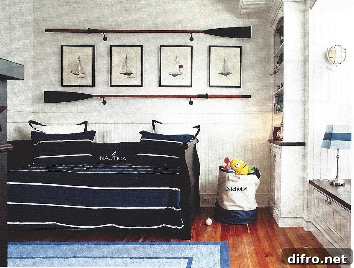 Accents and patterns introduce nautical touches into the bedroom