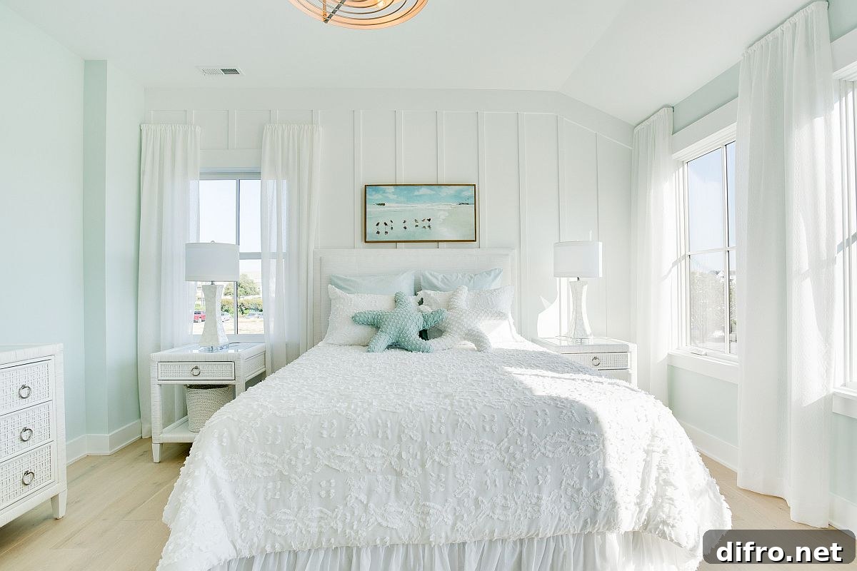 Light pastel hues and white create a relaxing chic bedroom