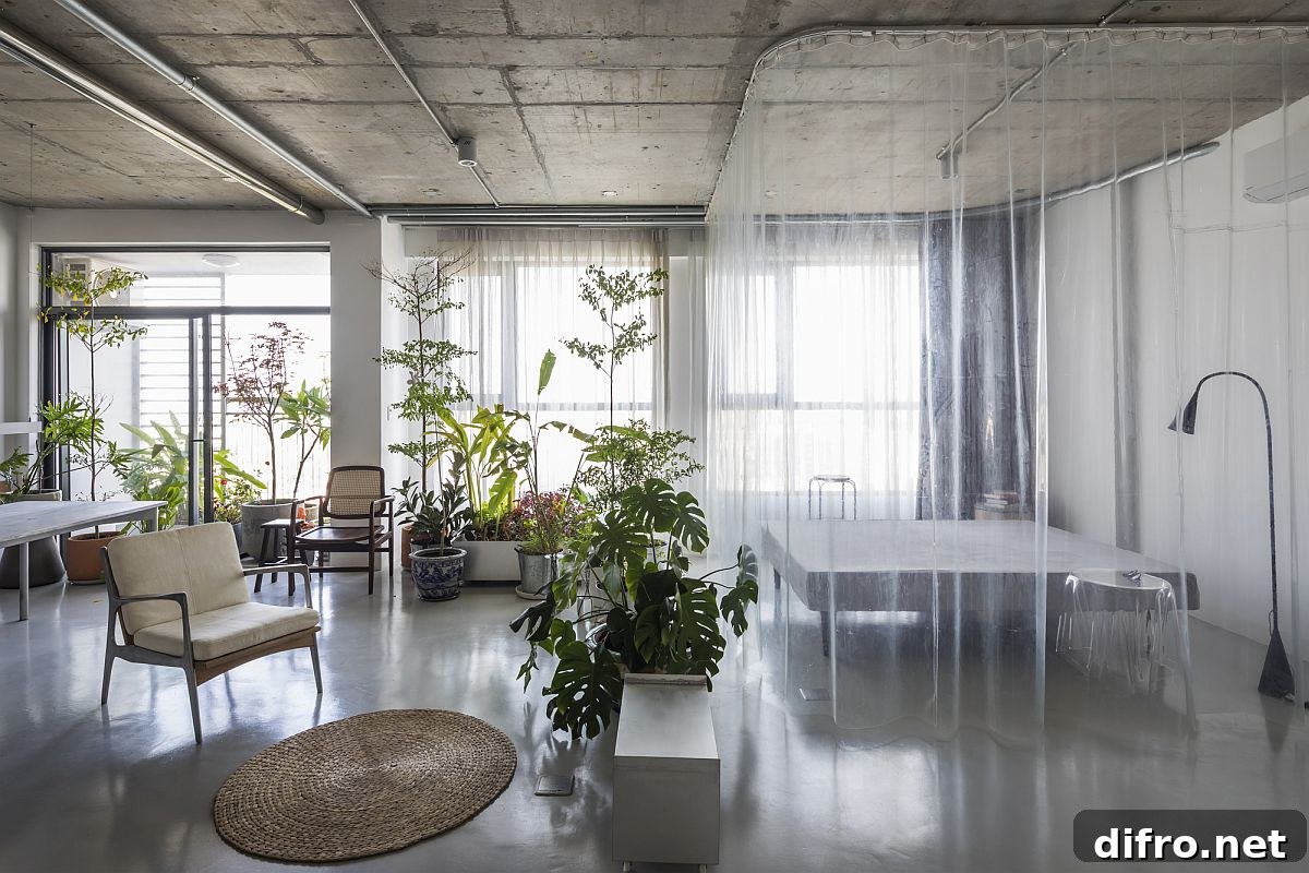 Green plants between grey epoxy floor and exposed concrete ceiling