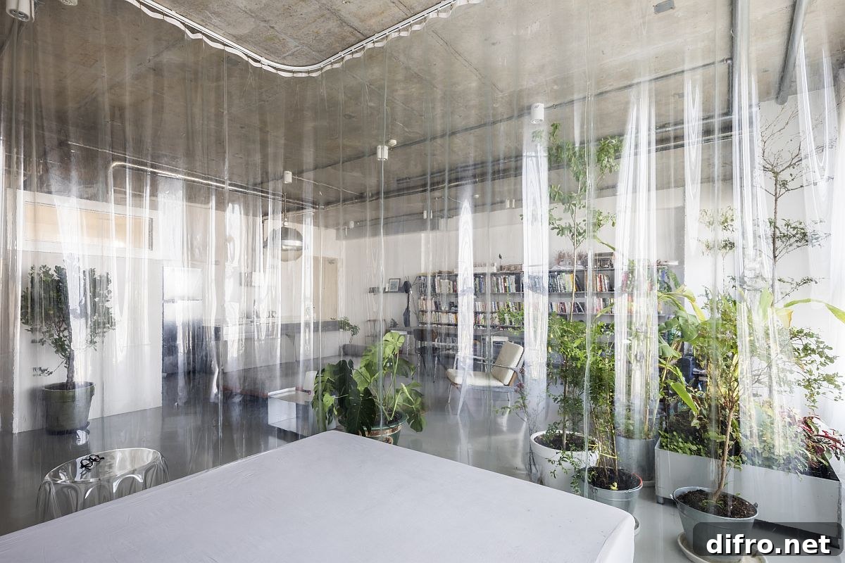 Plastic curtains separate the bedroom from the living area