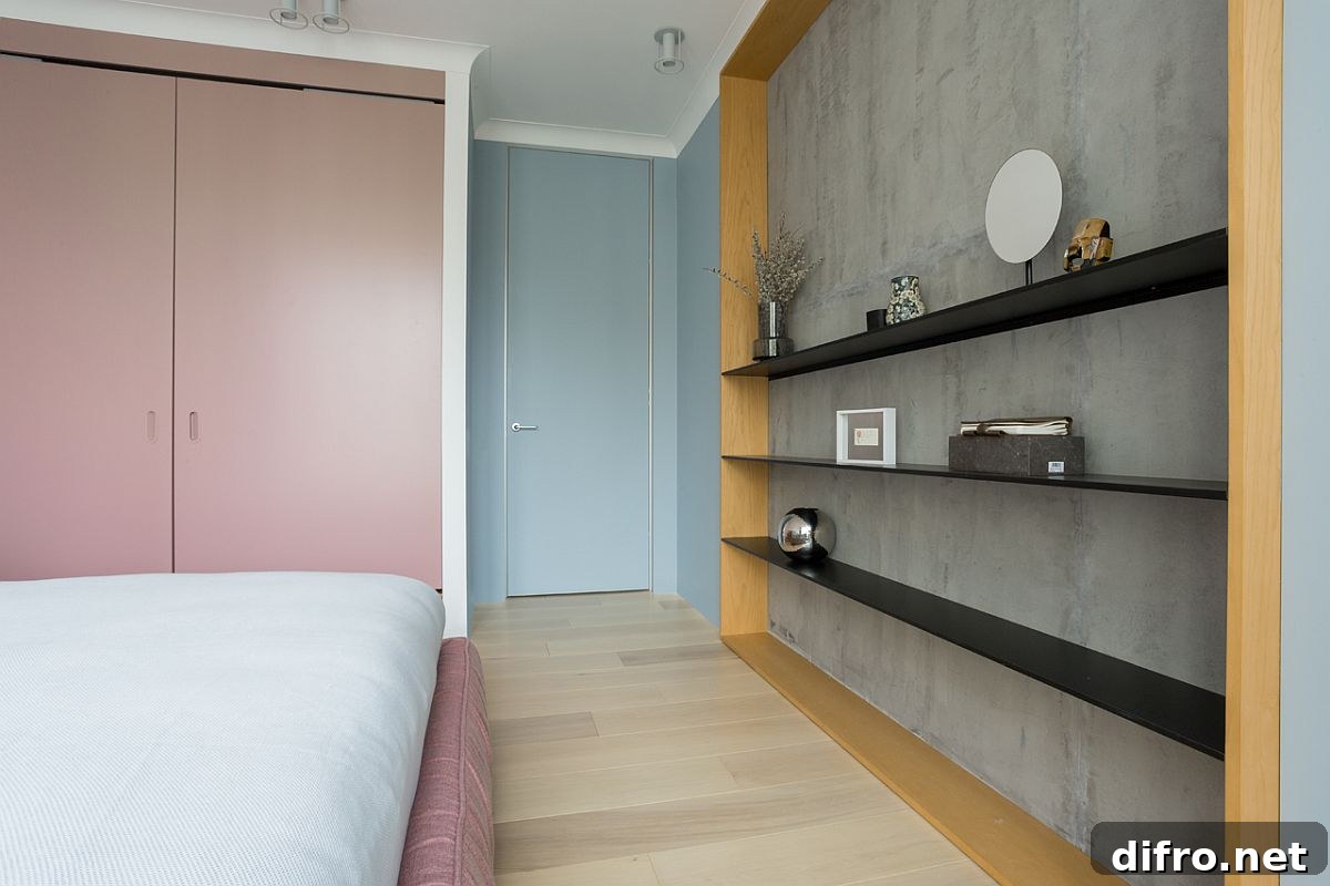 Slim and minimal bedroom shelving idea in black with minimal industrial style