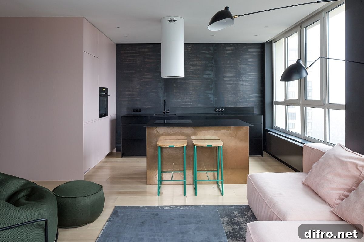 Dark kitchen in backdrop with custom brass island and colorful bar stools