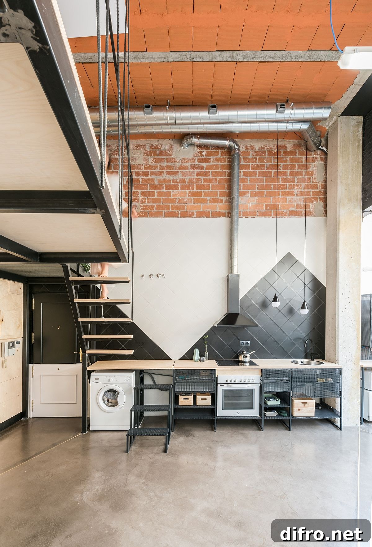 Polished black and white single-wall kitchen idea