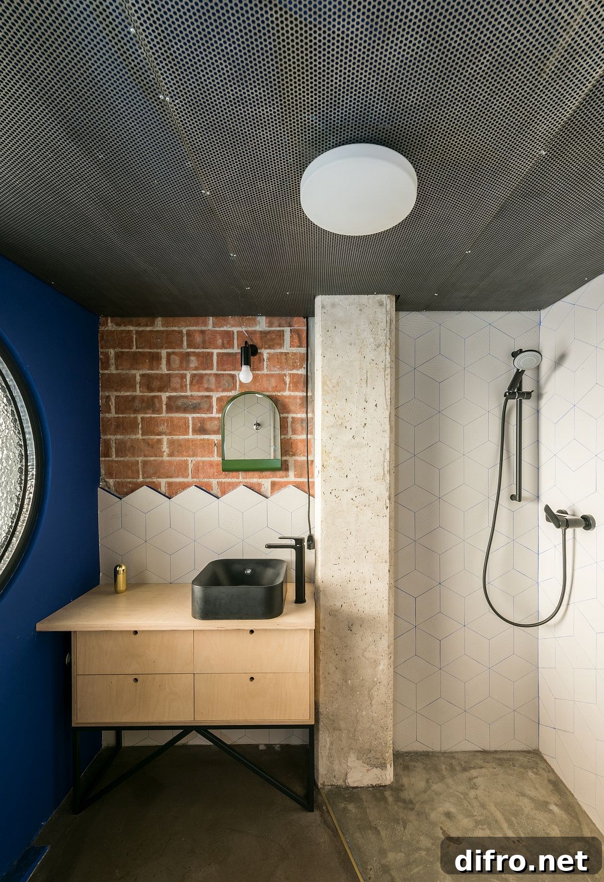 Modern industrial bathroom with pattern and textural contrast