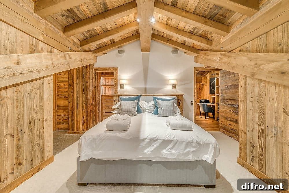 Wood and white bedroom at the Val d'Isere getaway