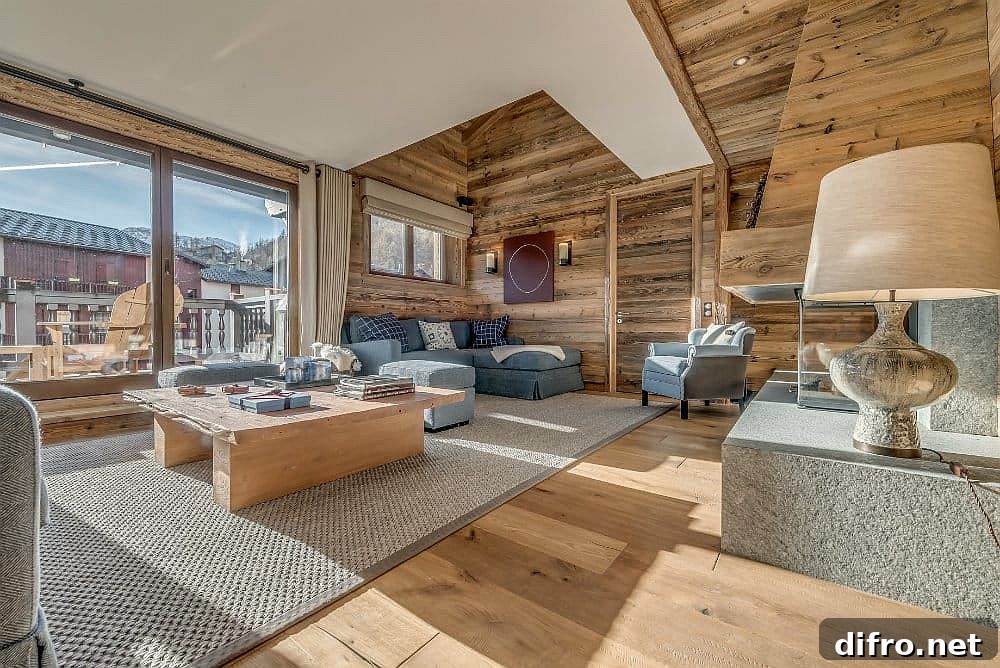 Woodsy alpine style living room with captivating views