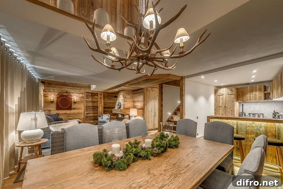 Unique chandelier above the dining table