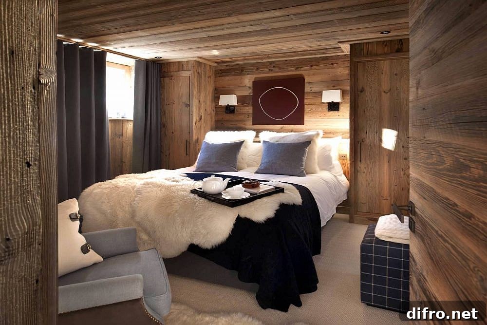 Bedding and drapes in dark bluish-gray in a woodsy bedroom
