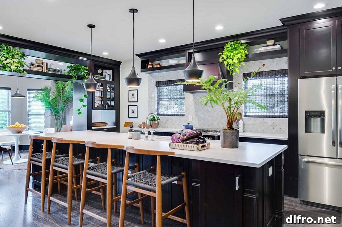 Contemporary kitchen filled with greenery