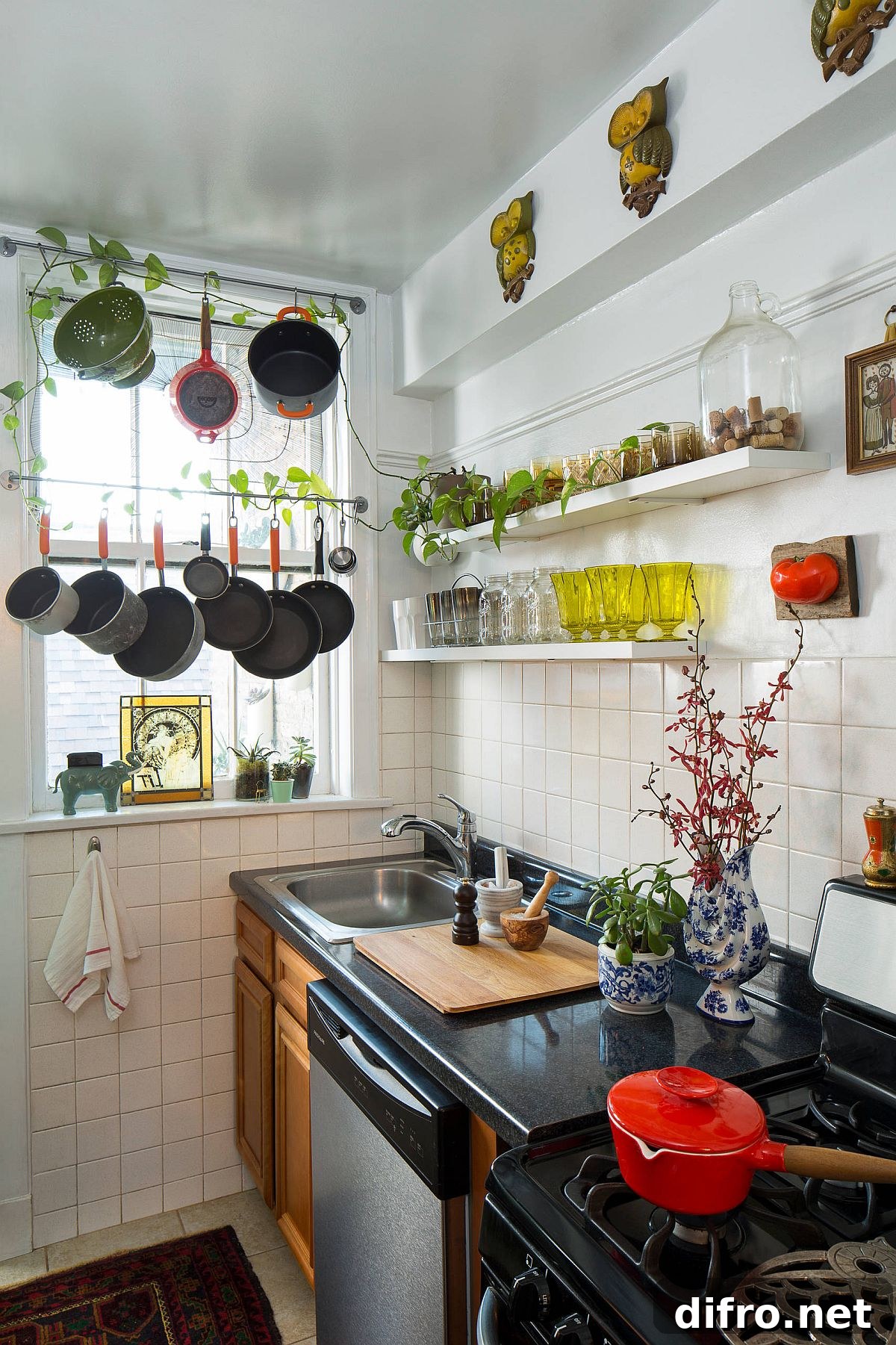 Small eclectic kitchen with smart shelving for greenery