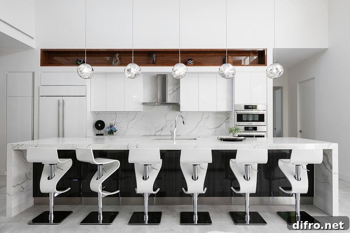 Contemporary kitchen with a stunning stone island and backsplash