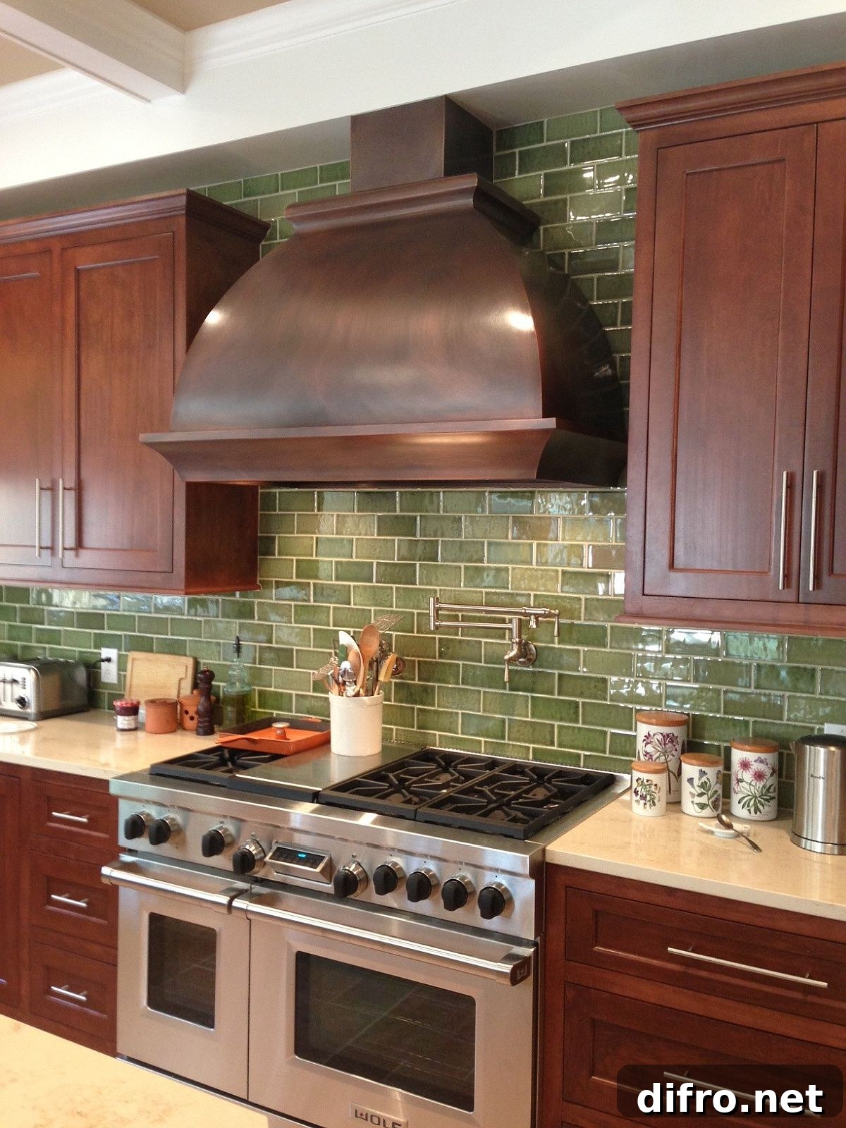 Dark copper finish hood in a kitchen