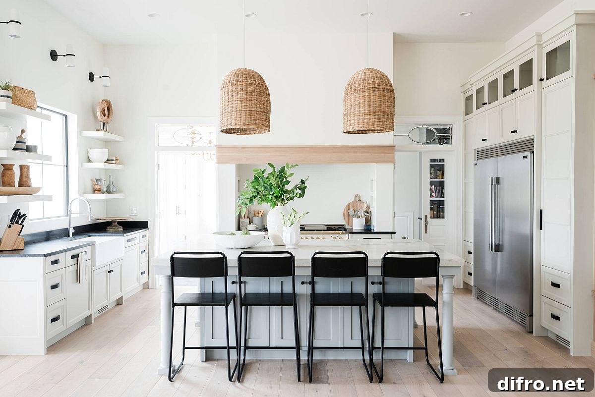 Organic-finish pendant lights in a beach-style kitchen