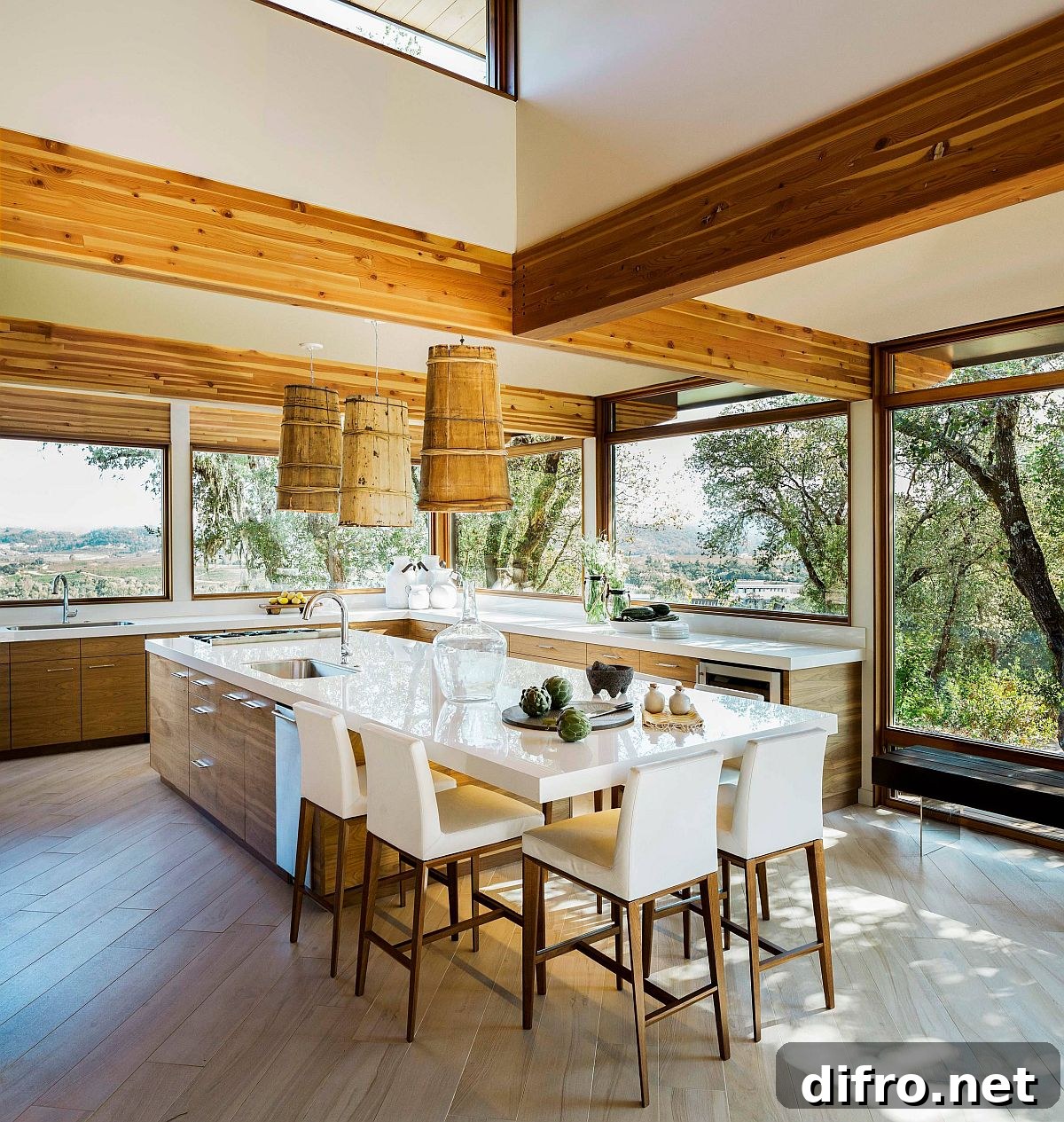 Modern organic kitchen with expansive views and greenery