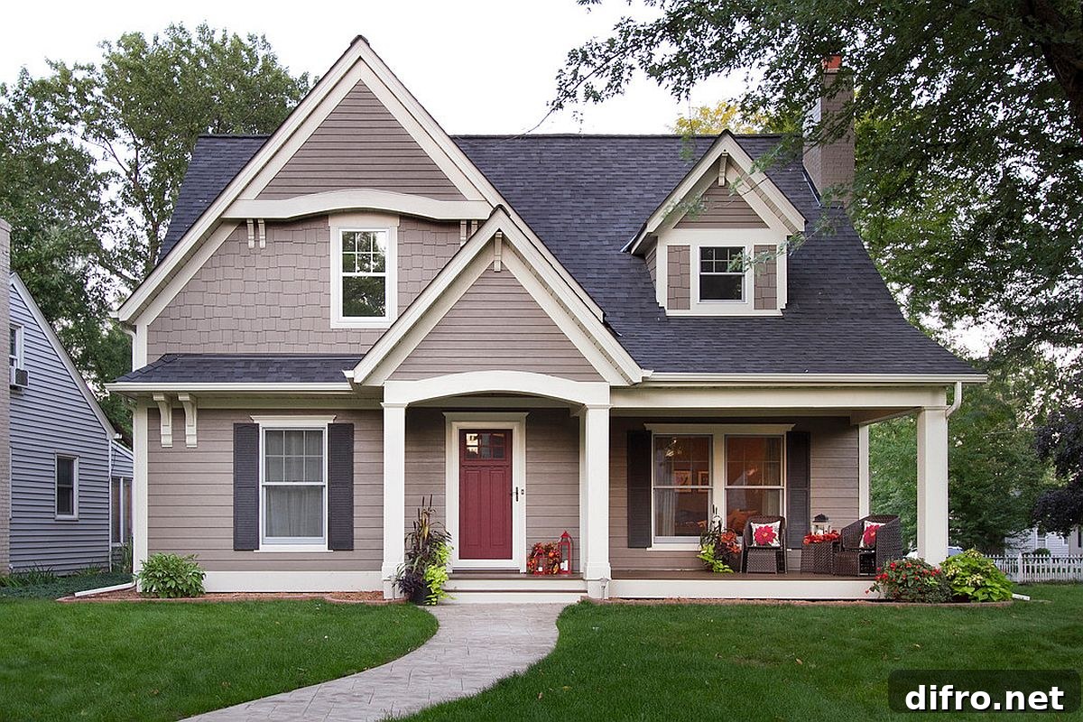 Light and dark gray exterior with a cheerful red door