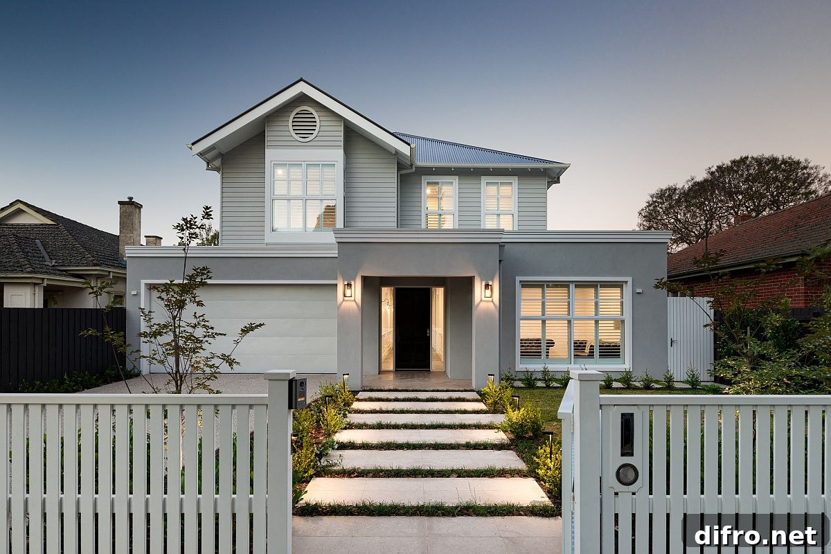 Modern facade with light gray walls and white trims