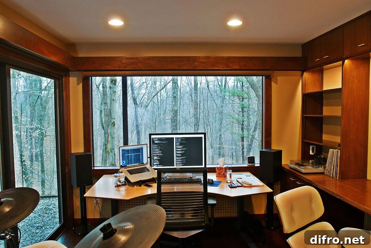 Forest outside becomes a part of this cozy and woodsy home office