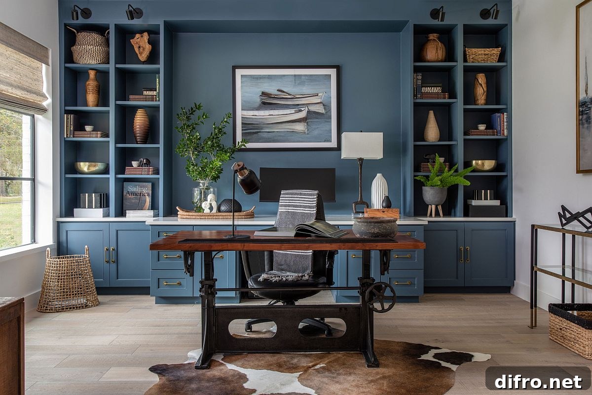 Classy deep blue backdrop with a painting