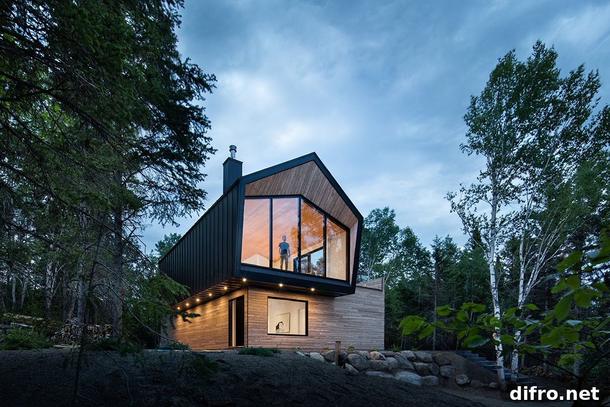 Contemporary home in gray and wood with river views