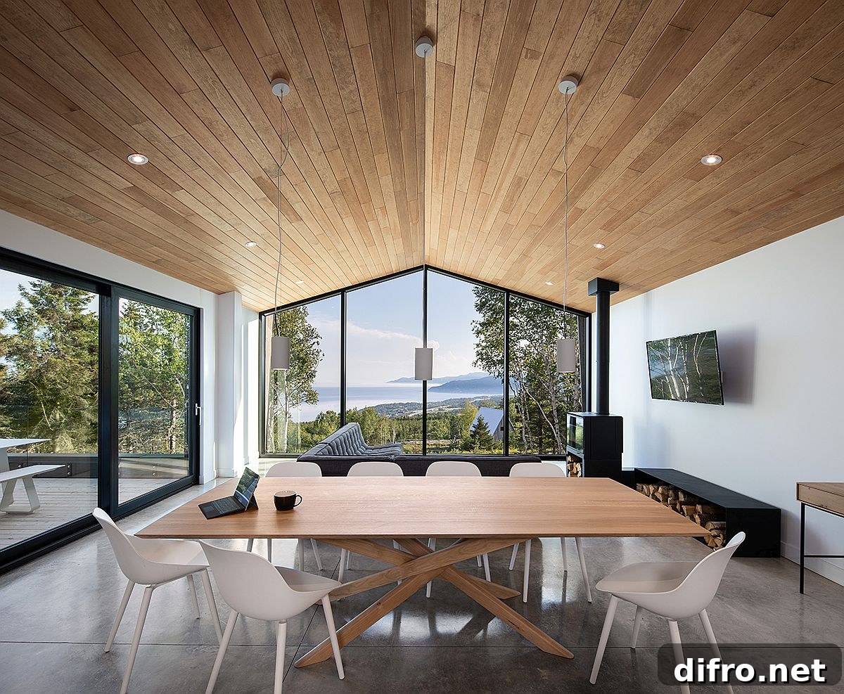Open-plan living and dining on the upper level with views