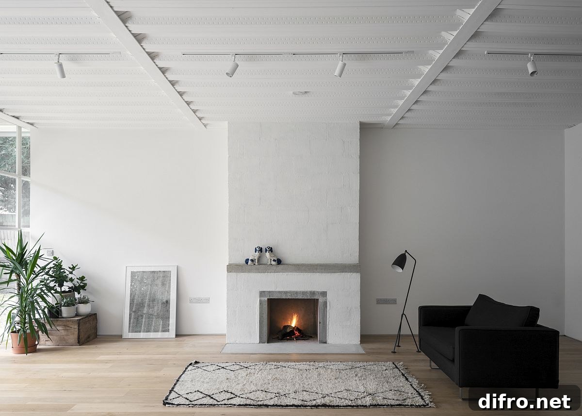 Stylish and clean living space of the house with a cozy fireplace