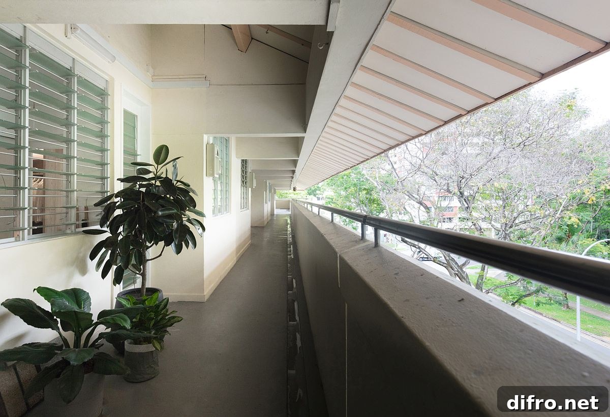 Long corridor of the Housing & Development Board building that contains the revamped apartment