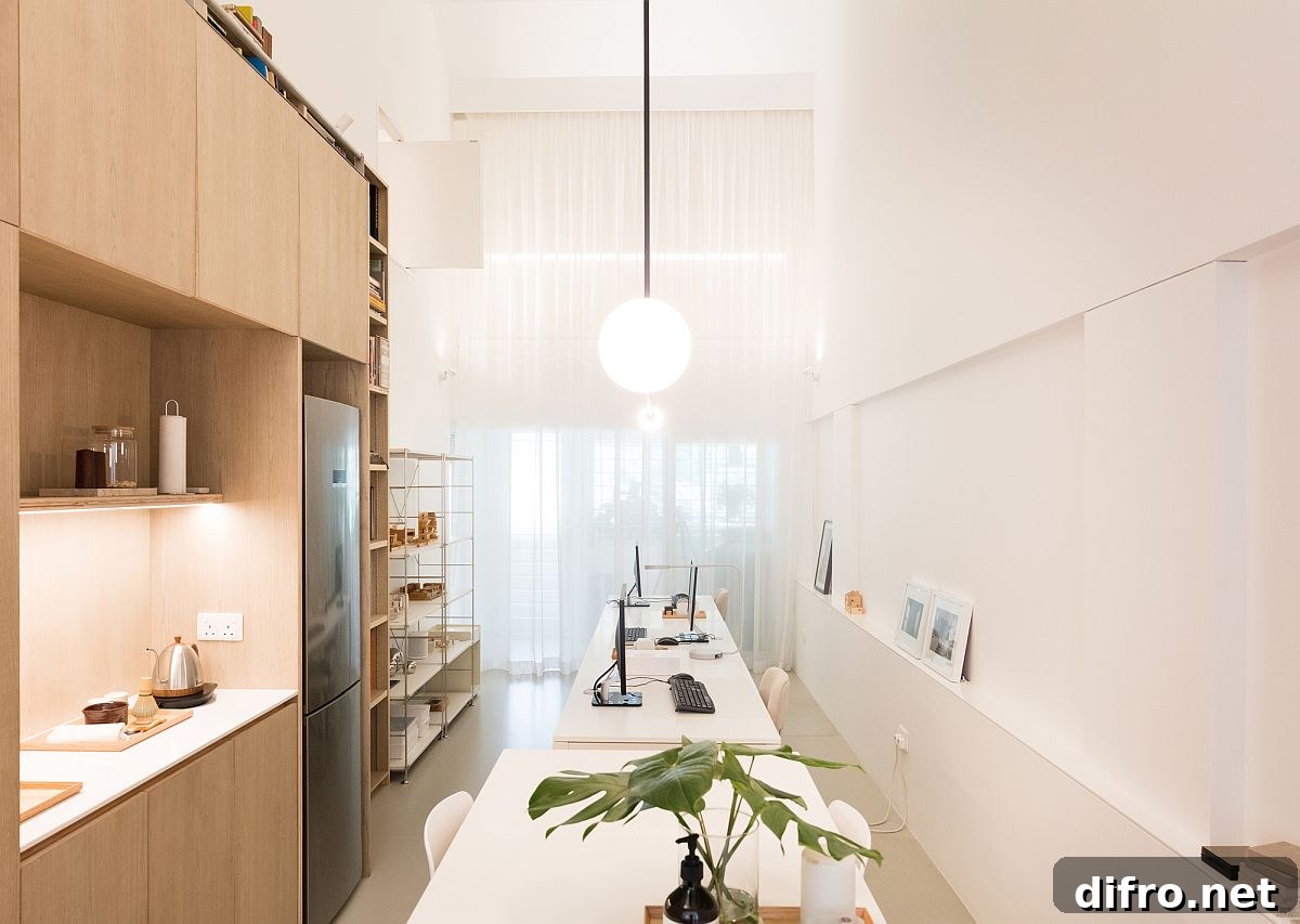Office space with smart shelving and desks that can easily accommodate a couple of people