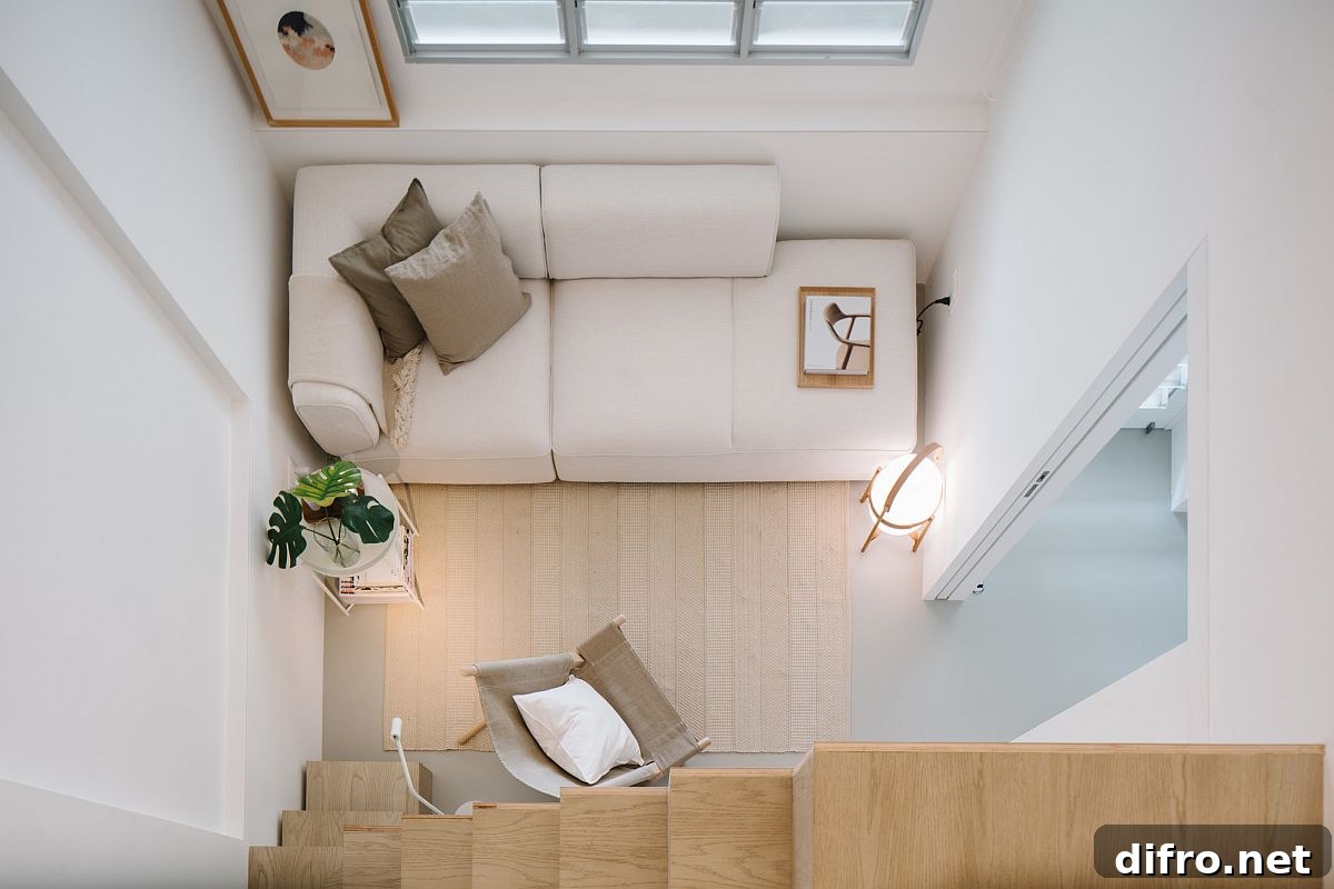 Ultra-small living room of the home with a couch that perfectly fits in