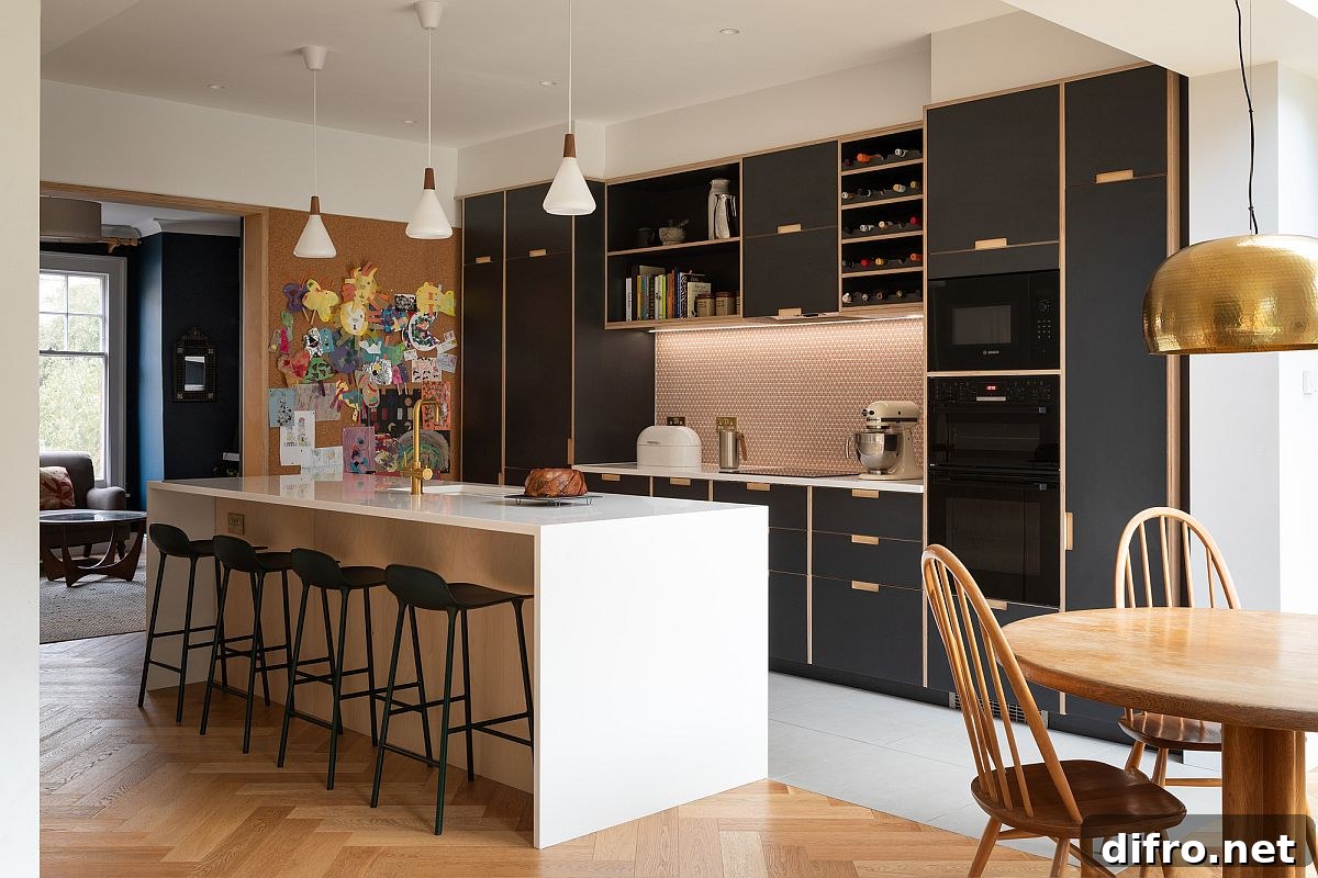 Dark wooden kitchen cabinets and shelves