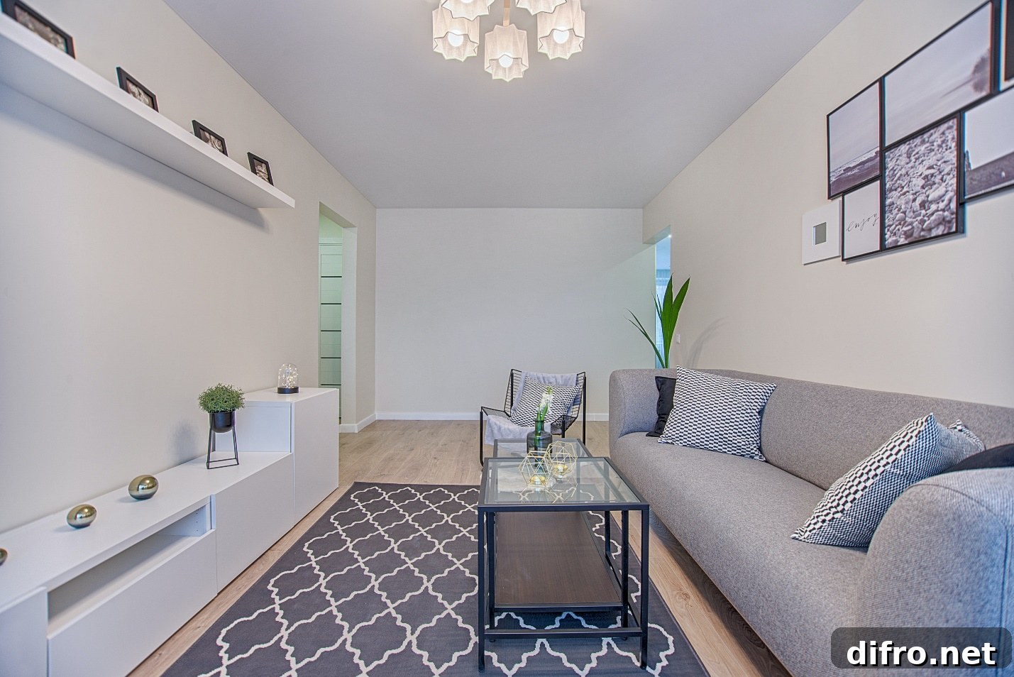 small living area with grey couch