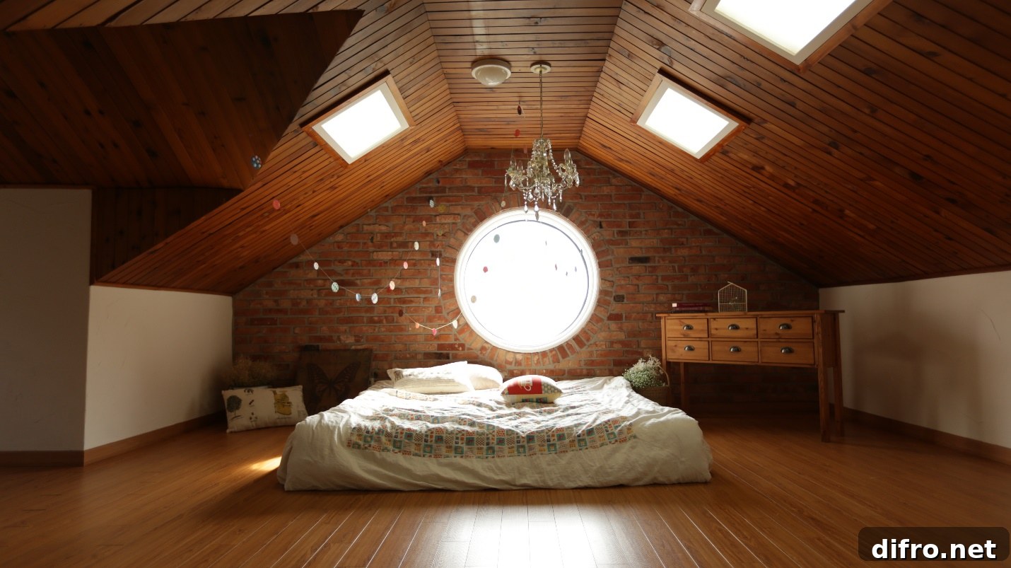 loft bedroom with slanted ceiling and skylight windows