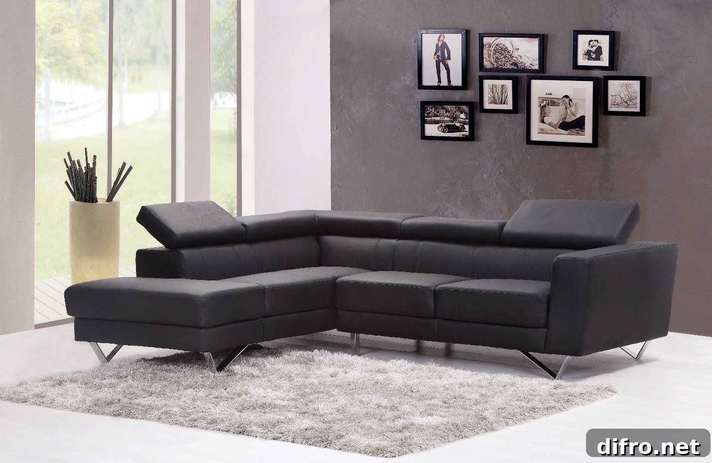 modern living room with modular black couch