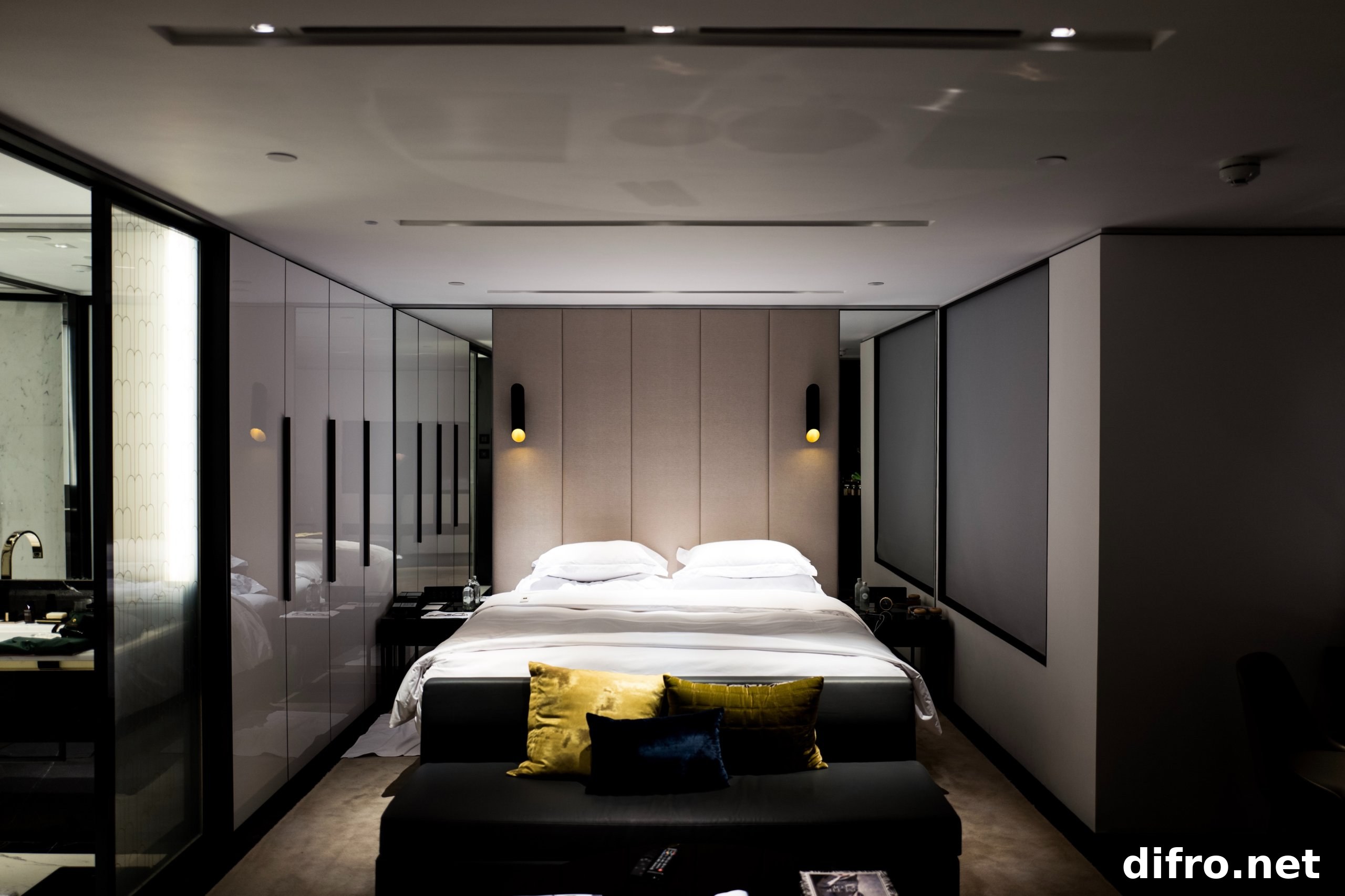 Modern bedroom with grey panel walls