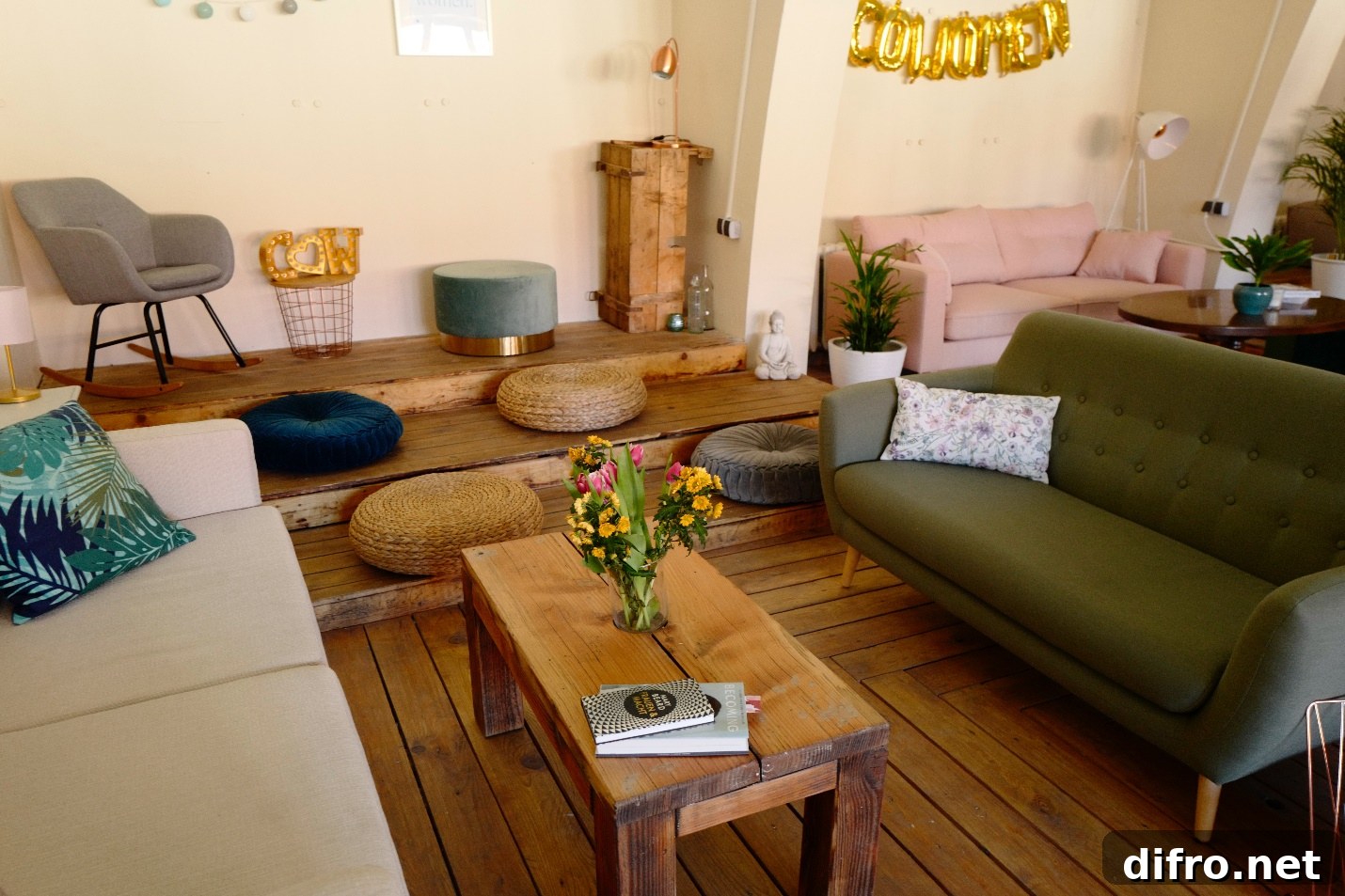 boho room with wood flooring and colorful furniture