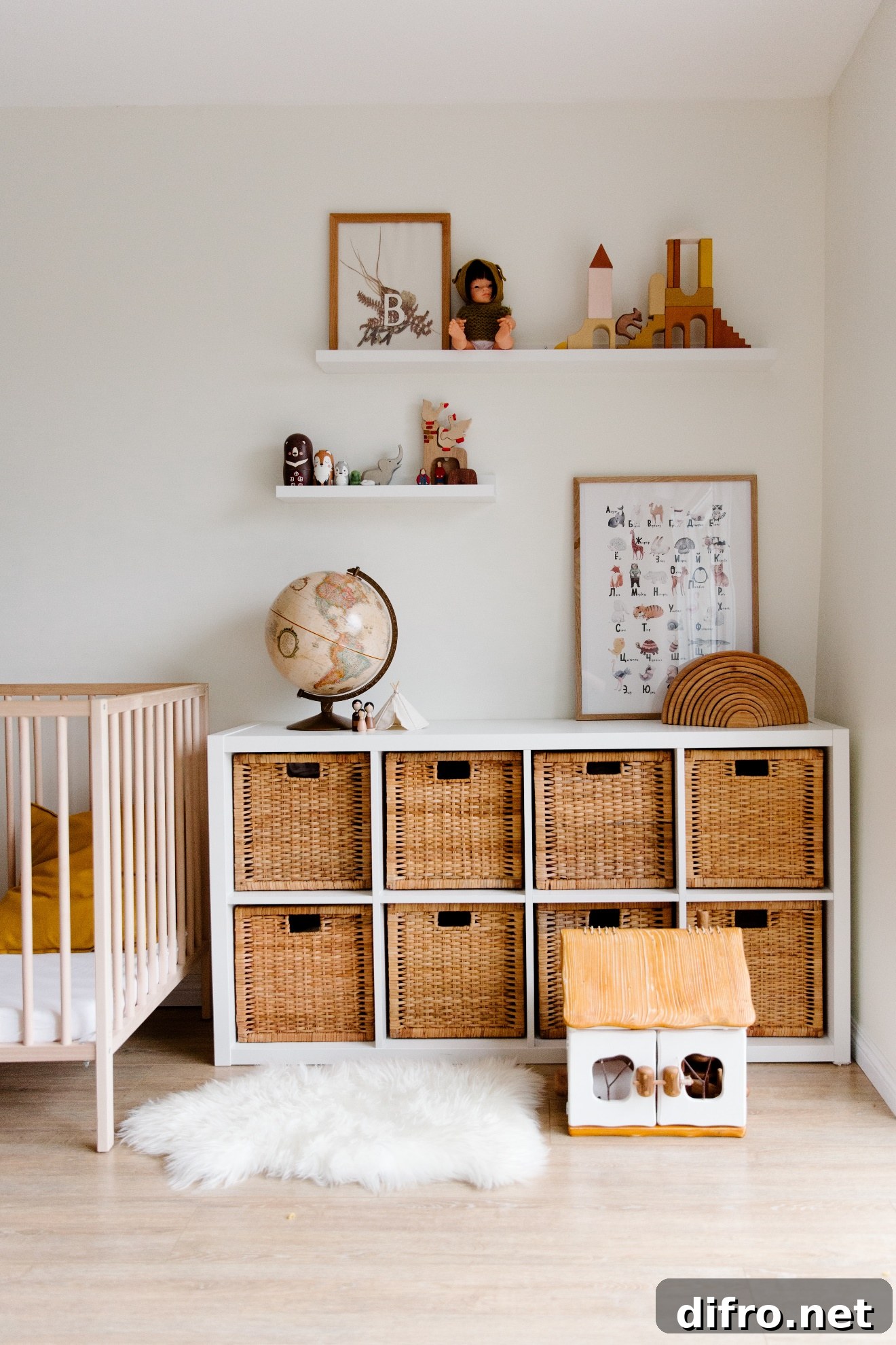 children's room with shelving and storage solution