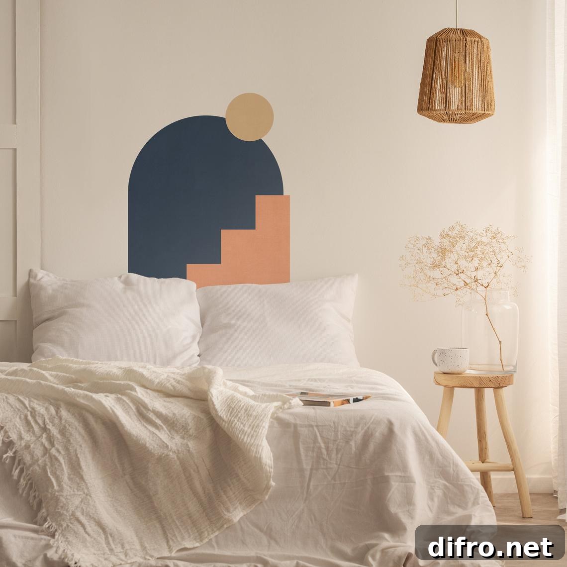 Unkept white bed with white flower at the bedside