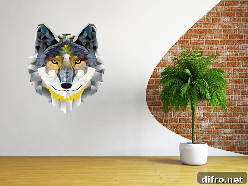 Wolf design on a wall with plant