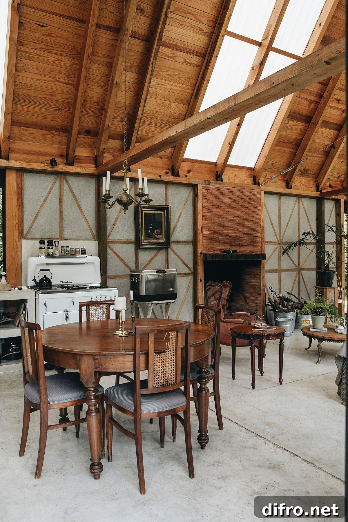 Cabin-style dining area and kitchen with ample natural lighting