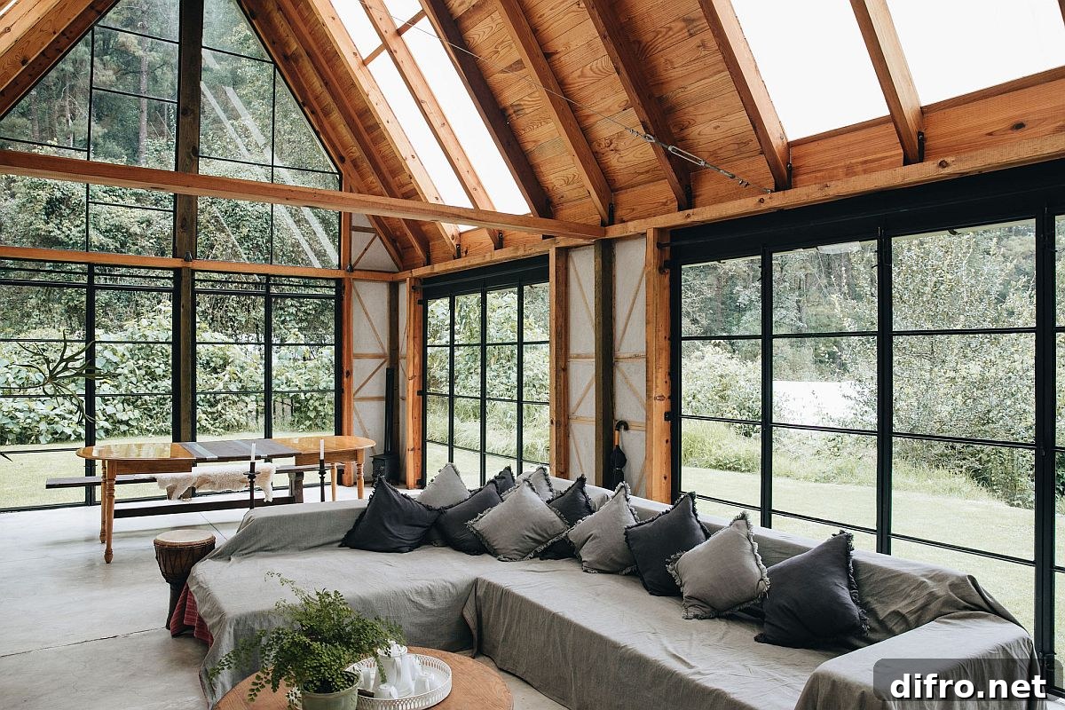 Framed glass walls bring greenery into the living room