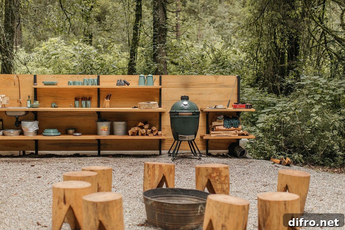 Kitchen area extends seamlessly outside with wooden shelves
