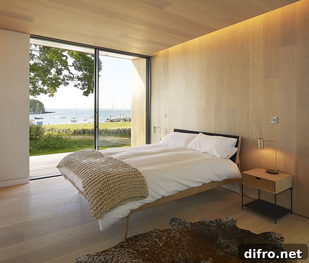 Bedroom with wooden walls, cozy lighting and English Channel views